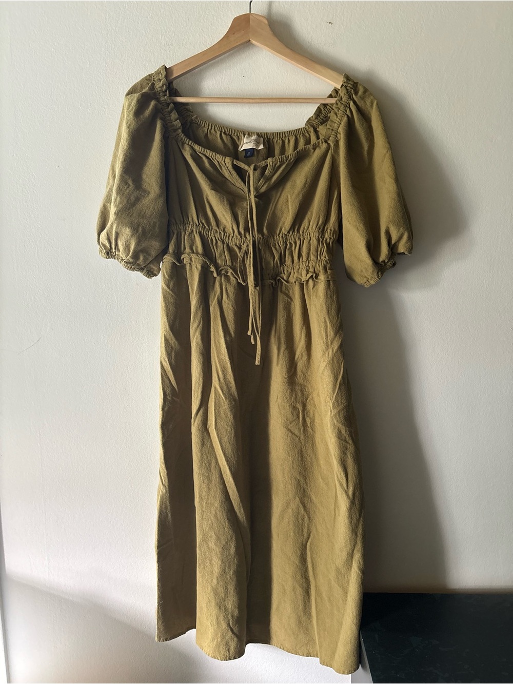 Chartreuse Olive Green Midi Dress with Smocked Waist